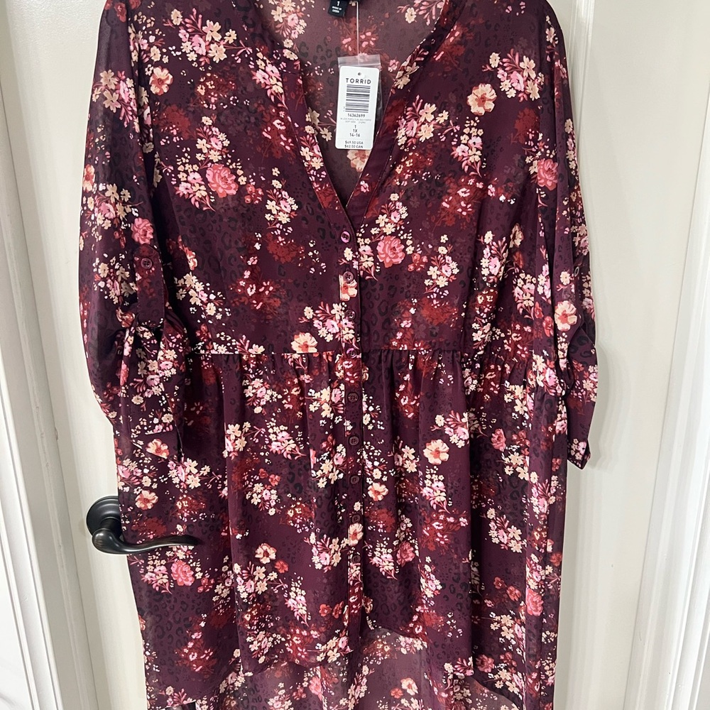 Torrid Burgundy Floral Button-Front Blouse